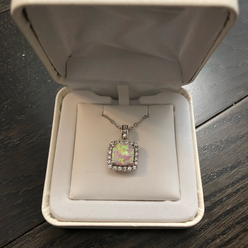 Pink Iridescent Pendant Necklace with Halo